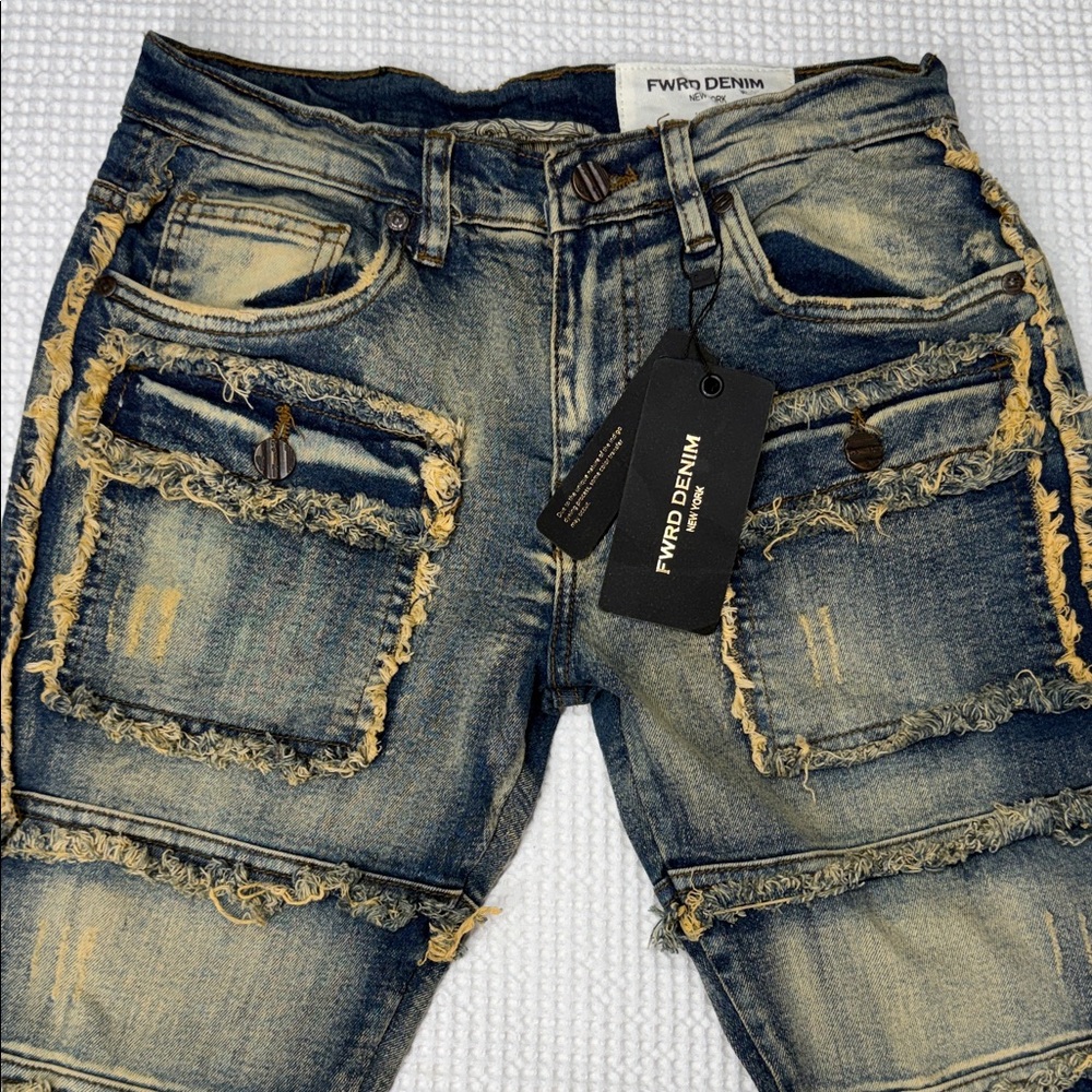 FWRD DENIM Distressed Blue Patch Pocket Jeans (NWT)